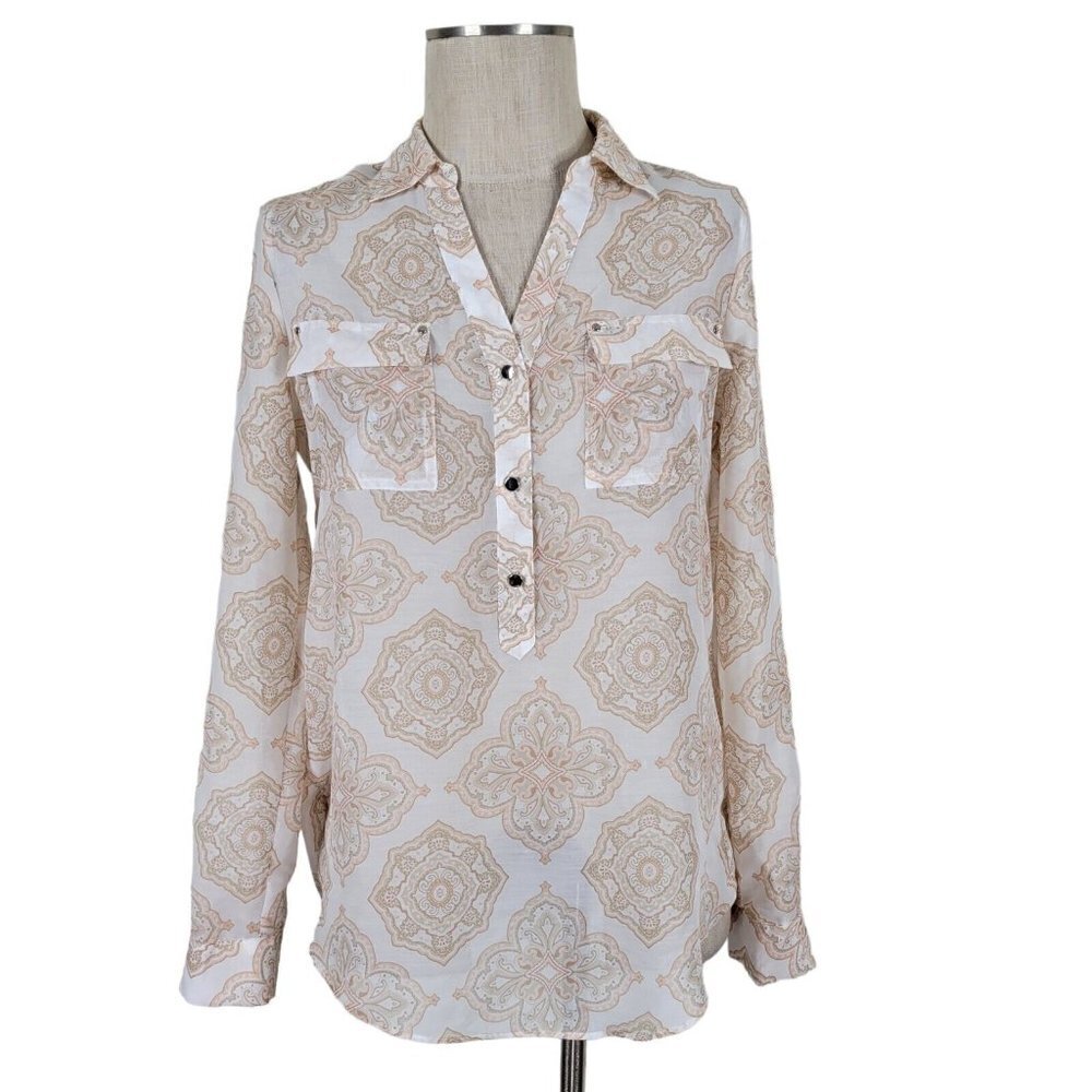 WHBM Blouse Women Size 6 Roll Tab Sleeves Pullover Shirttail Hem Lightweight